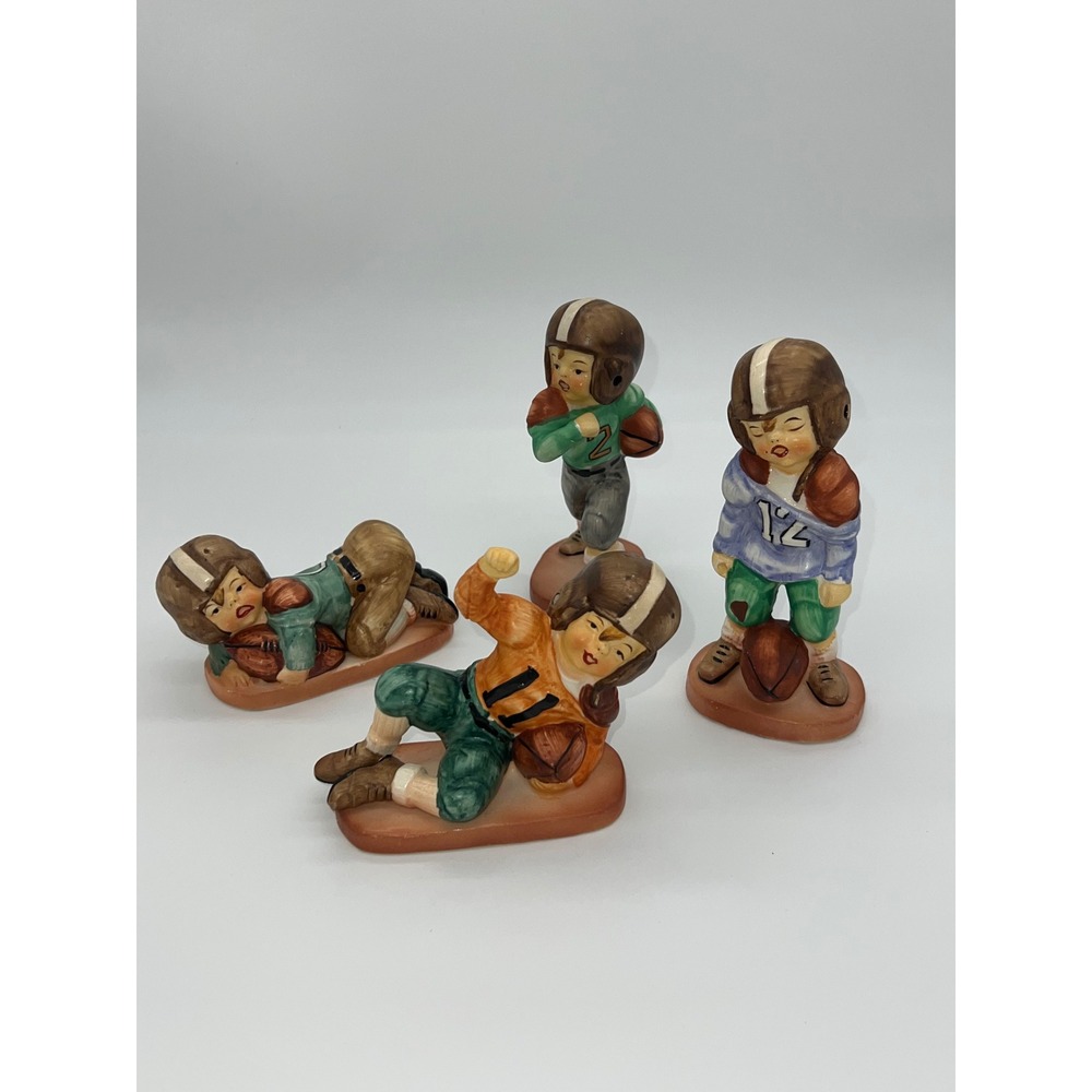 Vintage Japan Ceramic Football Player Figurines Set of 4 Hand Painted Decor